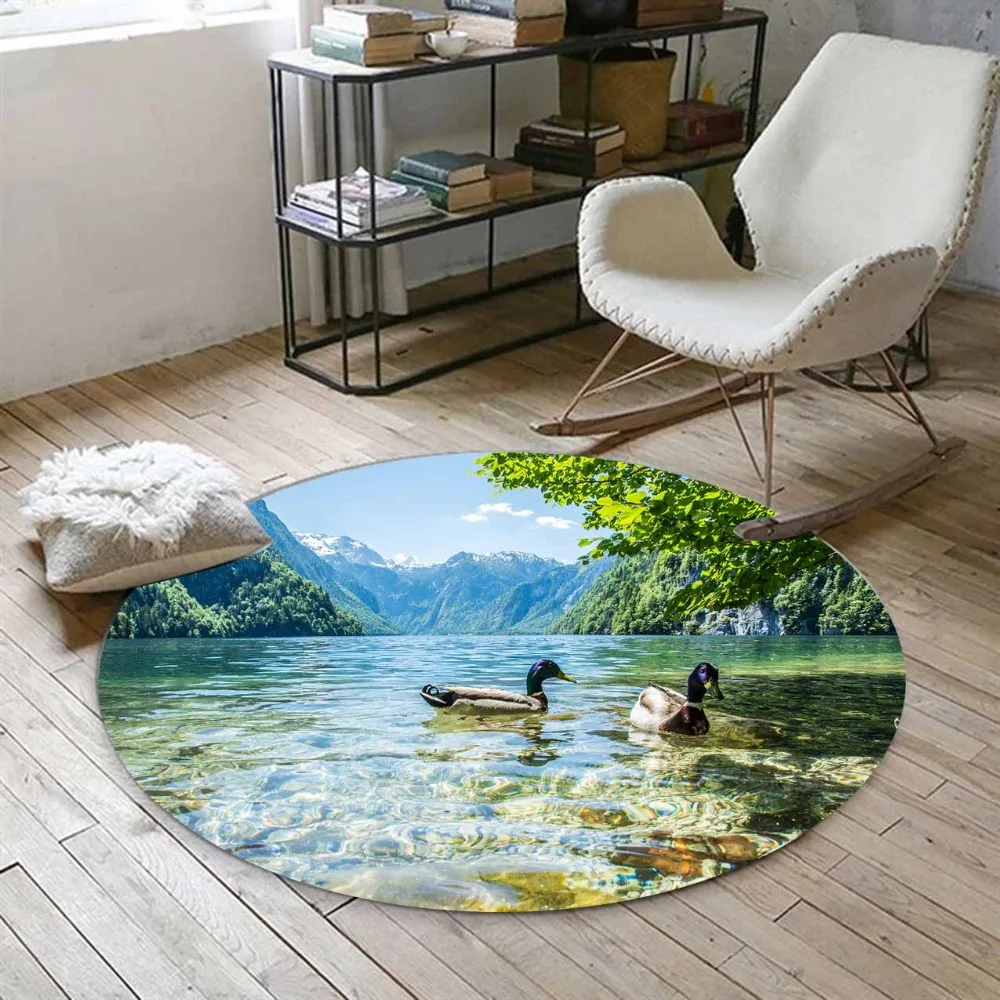 

Else Green Tree Blue Lakes in Ducks Floral Mountain 3d Print Anti Slip Back Round Carpets Area Rug For Living Rooms Bathroom