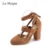 La MaxPa Sexy Women Open Toe Pumps Lace up Heels Sandals Woman Ankle Strap Square Super  High Thick Heels Cover Heel Shoes
