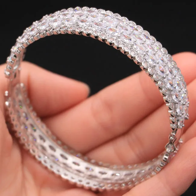 

Deluxe Big Heavy 26.2g White Sapphire White CZ Party Woman's Silver Bracelet 7.5inch 65x15mm