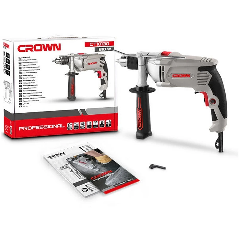 Дрель ударная CROWN CT10130 (Мощность 810 Вт, металлический корпус редуктора, дополнительная рукоятка с глубиномером, ключевой патрон)