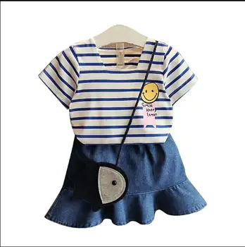 

Girls Set 2018 Summer New Girl Striped Short Sleeve T-Shirt + Baby Denim Skirt Two Piece Set