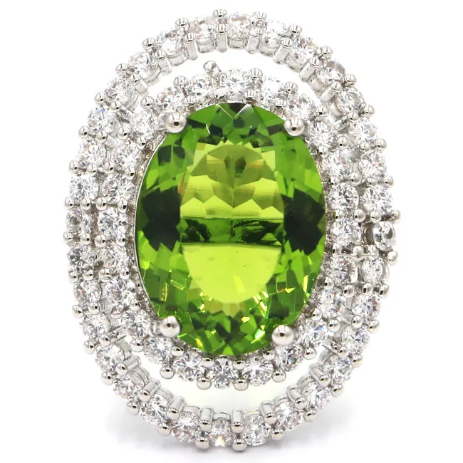 

8# 2019 New Designed Green Peridot White CZ Ladies 925 Silver Ring 28x21mm