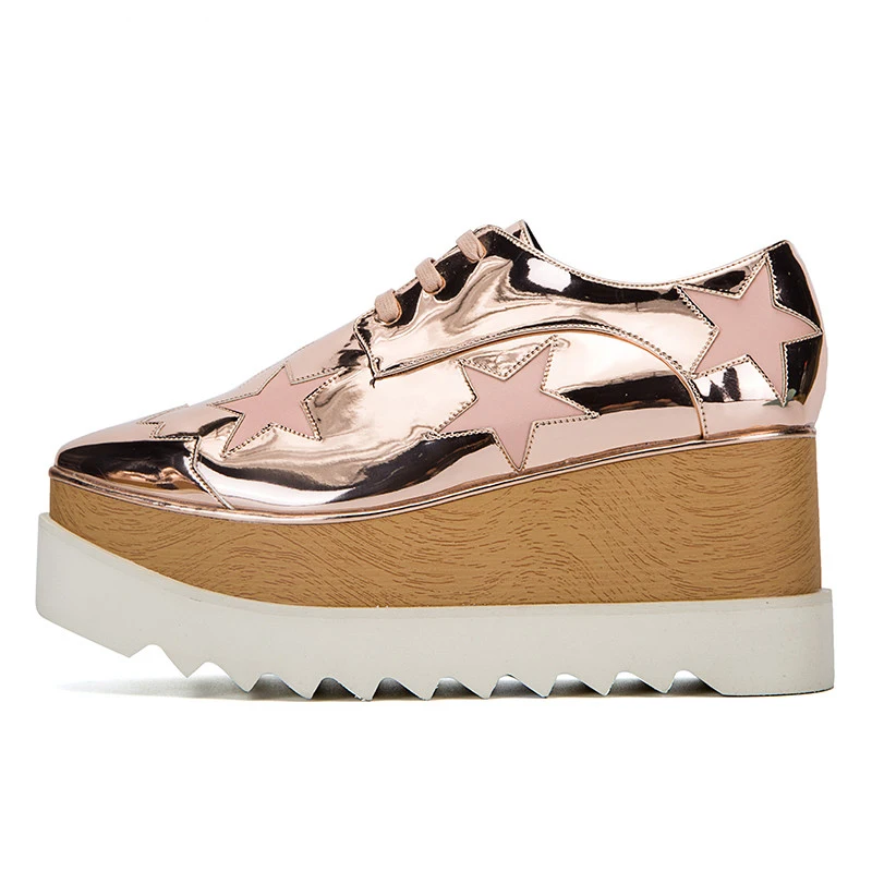 

Metallic Leather Platform Oxford Shoes Classic Fashion Women Sneakers Brand Design Elyse Star Lace-Up Flat Women Causal Shoes
