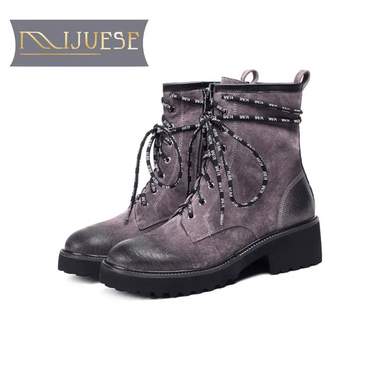 

MLJUESE 2019 women ankle boots Pigskin purple color warm fur short plush low heel winter boots women martin boots size 33-43