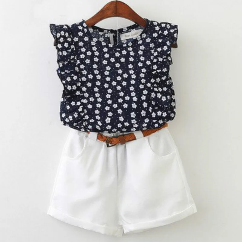 

Girls 2PCS 2018 Summer New Set Chiffon Puff Sleeve Shirt + Flare Pants Set
