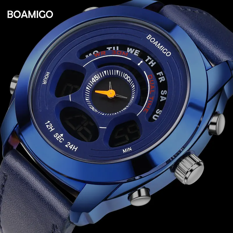 

30m Water Resistant Men's Sports Watches Soft Blue Leather Band LED Digital Quartz Wristwatches Gifts Analog Clocks Reloj Hombre