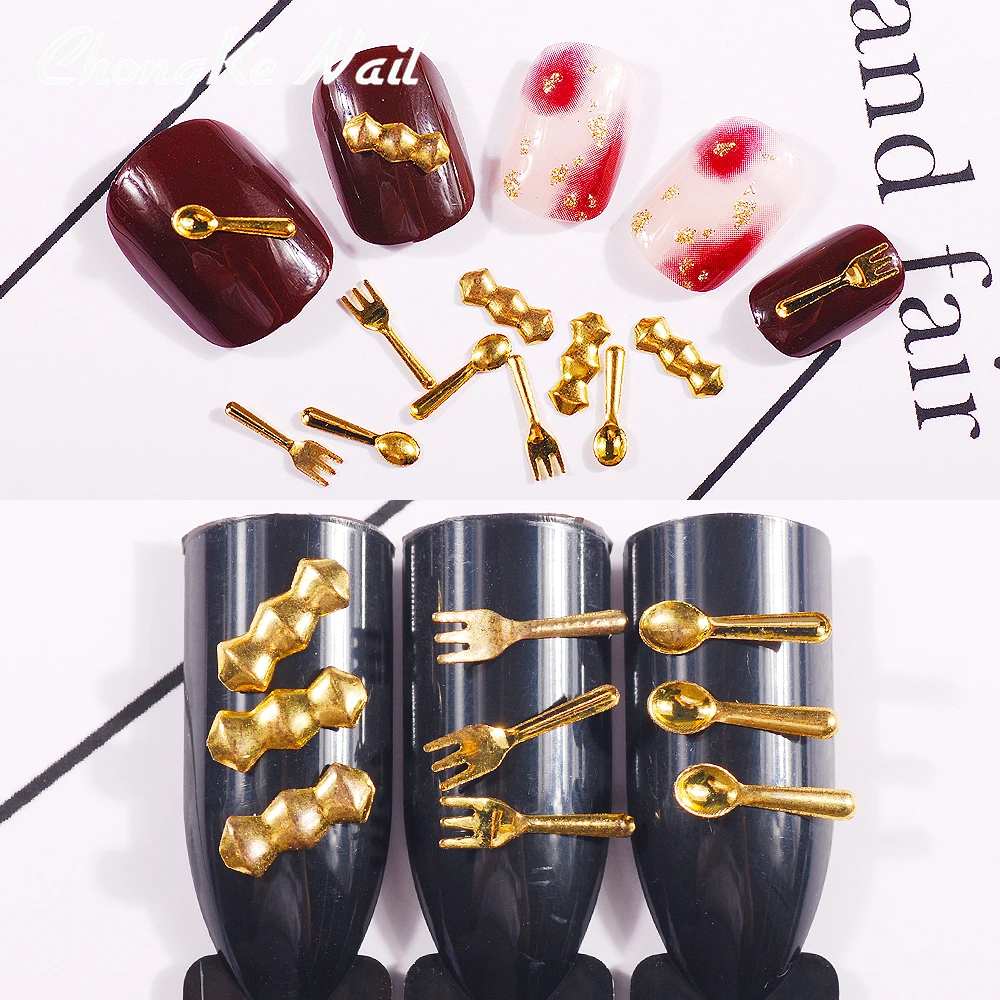 500PCS 3D Gold Nail Art Knives and forks Tips Manicure 3D Nail