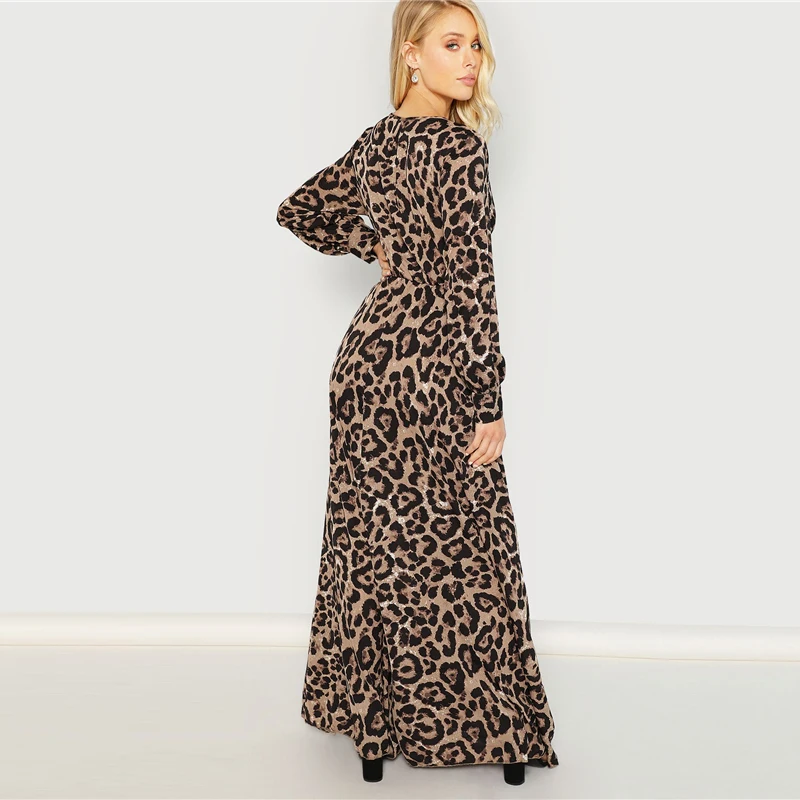 COLROVIE/сексуальное женское платье с бантом, глубоким v-образным вырезом и леопардовым принтом, осень, вечернее платье с длинным рукавом, элегантные платья макси для девочек