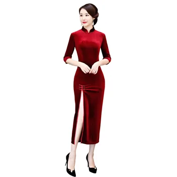 

Shanghai Story New Arrival Half Sleeve long Qipao Dress Velvet Cheongsam Dress Solid Chinese Women's dress Oriental Dresses