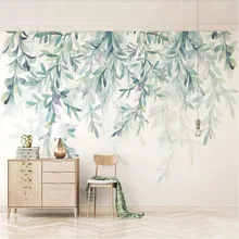 Небольшой свежий ручной росписью акварельные зеленые листья скандинавские минималистичные ТВ фон стены на заказ росписи с фабрики