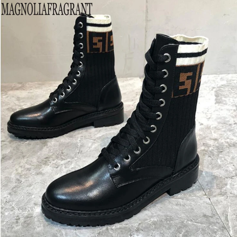 

shoes woman motorcycle boots ladies cross-tied mixed colors knitting martin boots ladies autumn winter elastic sock boots woman