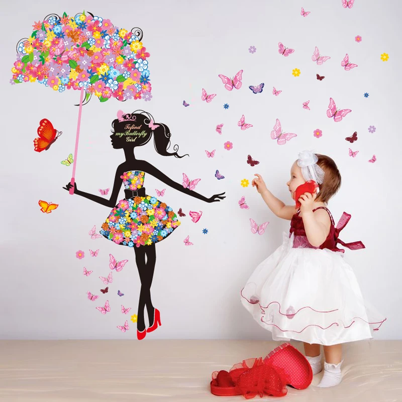  Flower Fairy Girl Wall Sticker Vinyl DIY Butterfly Faery Moon Decals for Kids Room Kindergarten Hom - 1000004812332