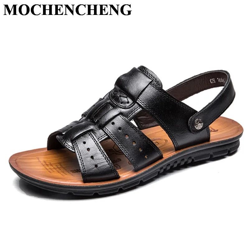

Men Sandals Summer Shoes Genuine Leather Slippers Large Size Stylish Solid Black Flat Casual Footwear Beach Male Shoes Anti-skid