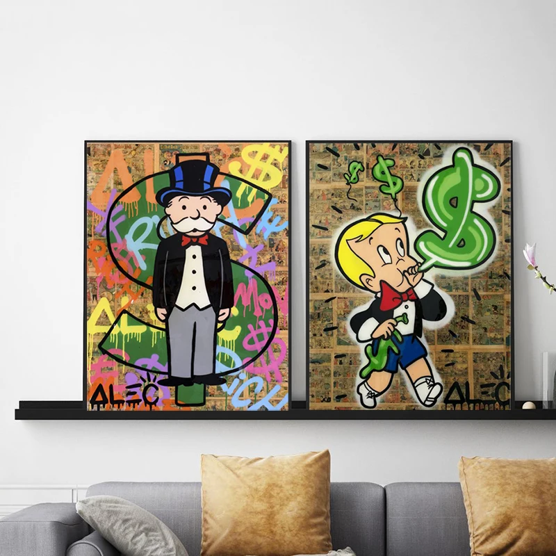 Monopolyingly Art Canvas Painting Street Artist Scrooge Mcduck Dollar Sign Statue Poster Wall Picture for Living Room No Frame