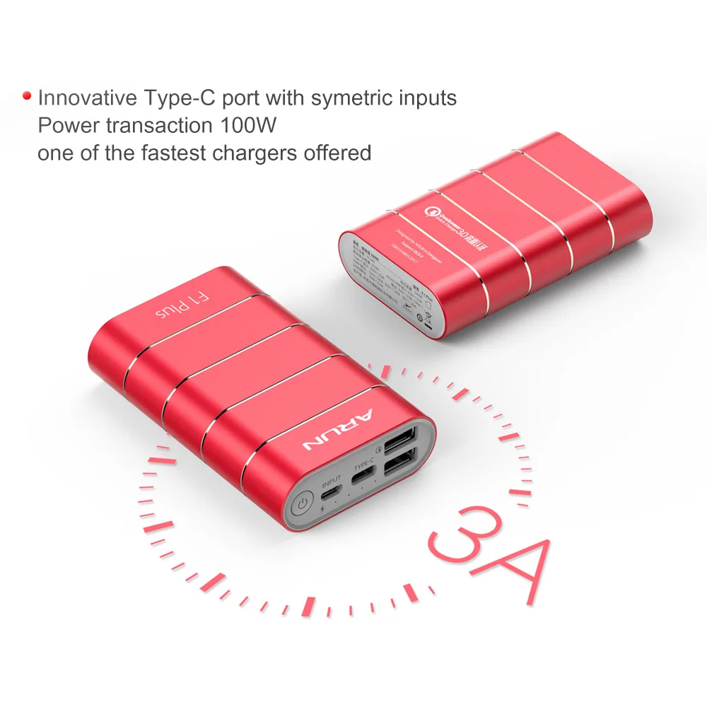 ARUN 10000 mAh power Bank QC3.0 интеллектуальная Внешняя батарея type c 2 USB Портативное мобильное