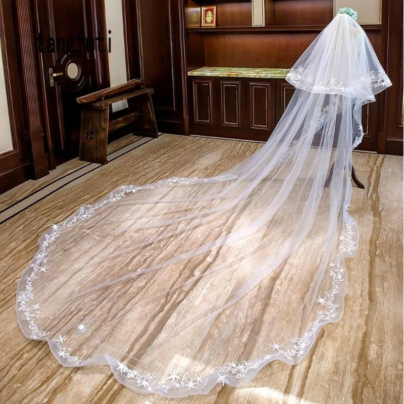 New Long Bridal Veil Women 3 M Cathedral Length Wedding Veil Delicate Tulle Appliqued Bride Veil Bride Accessories