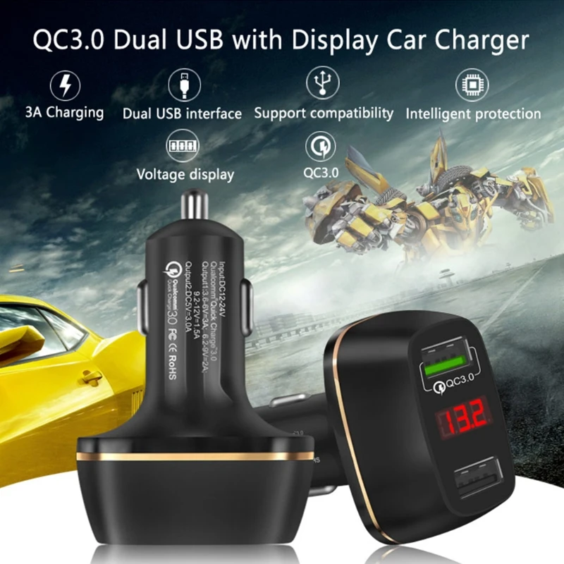 

Dual USB Mobile Phone Tablets Quick Charge 3.0 LED Voltage Current Display Fast Charging Car Chargers