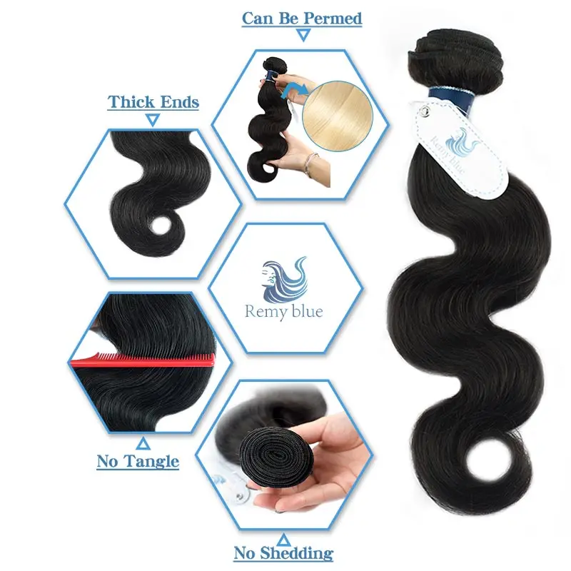 Remy Blue Hair Brazilian Body Wave Hair 4 Bundles Deals Natural Color 100 Remy Human Hair Weave Extension 10-26 Inch Healthy End (50)