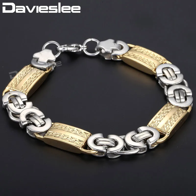 

Davieslee 11mm Mens Bracelet Gold Color Byzantine Link Chain Stainless Steel Bracelet Jewelry DLKB489