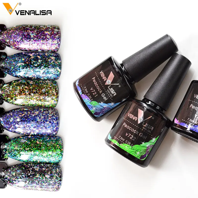 جديد VENALISA نقع قبالة الطاووس gelpolish النجوم بلينغ بريق مسمار الحرباء الترتر 3D القط العين مسمار الفن هلام مسمار البولندية