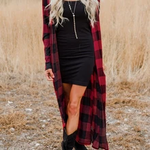 Женский кардиган, верхняя одежда, клетчатый кардиган с длинным рукавом, весна-осень, женский свитер, Длинные клетчатые длинные пальто, свободный длинный рукав