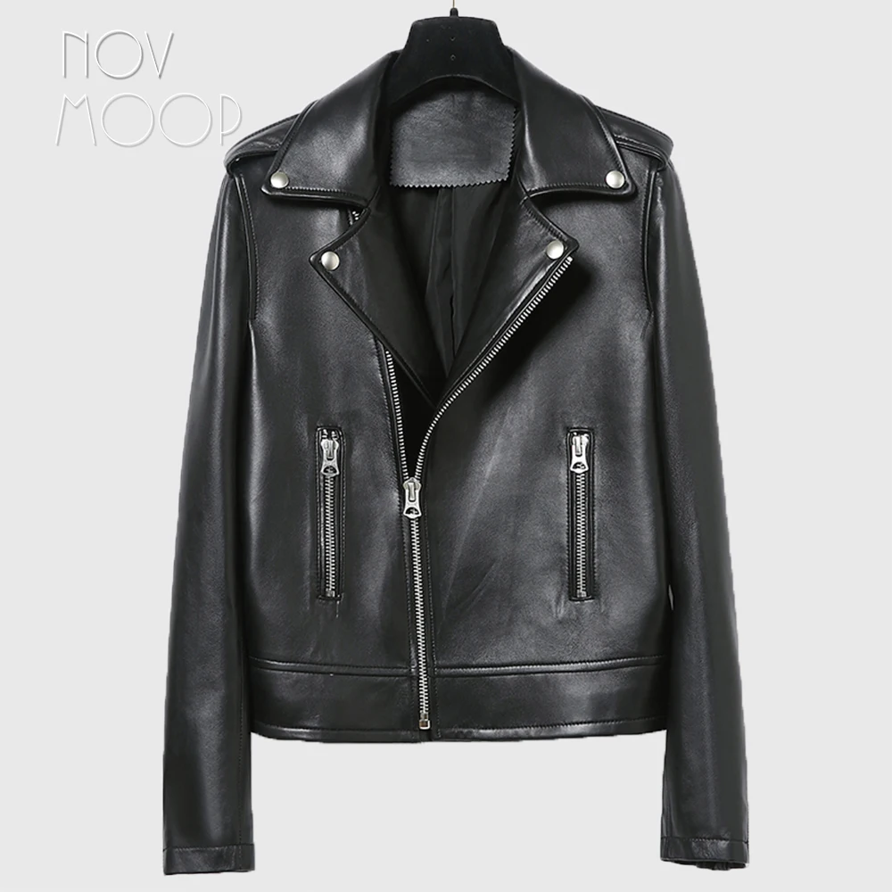 

Women black genuine leather real lambskin motorcycle biker jacket coat off-center zipper casaco feminino ropa LT2521 FREE SHIP
