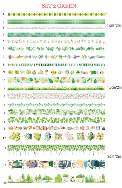 10/15/30 мм 20 рулон wagami делая лента цветок Единорог Кот японская лента Washi Diy Скрапбукинг Стикеры Школа канцелярских товаров - Цвет: 02 green