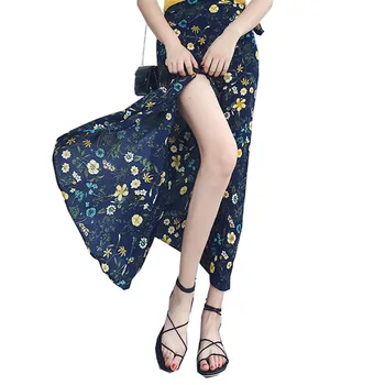 

2018 New Fashion Summer Holiday Beach Skirt Print Chiffon Skirt Split Sexy Bandage Floral Long A Line Skirts Ladies BohemiaWZ222