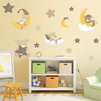 

Cartoon Cute Bear Animals Wall Stickers for Kids Room PVC Moon Stars Decorative Wall Stickers Nursery Baby Children Decor