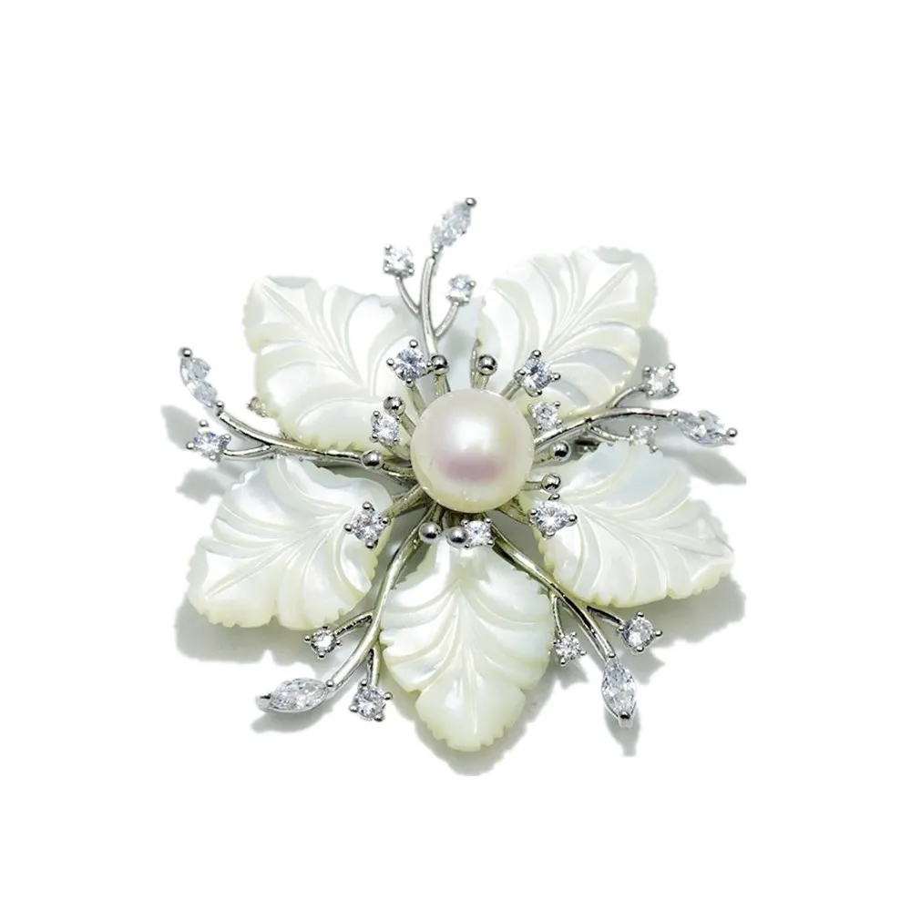 

New Retro Zircon Shell Flower Brooches for Women Lady Romantic Plant Freshwater Pearl Brooch Jewelry Banquet Wedding Gift