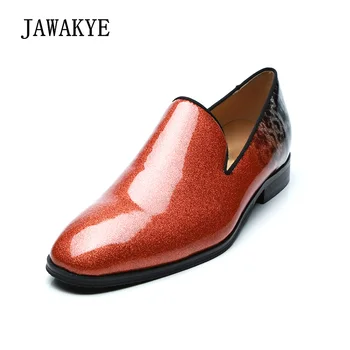 

JAWAKYE England Designer Casual Wedding Party Dress Shoes Men Patent leather Mirror PU Red Bling slip on Loafers Men Flat Shoes