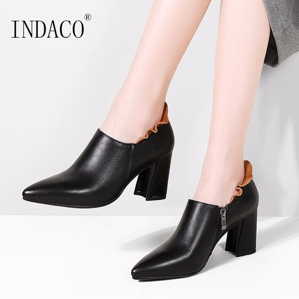 

Leather Thick Heel Shoes Deep Mouth Single Shoes Women 2018 Spring and Autumn Women's Large Size