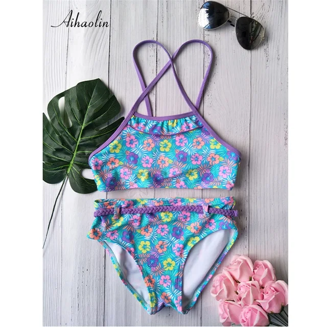 Best Price AIHAOLIN Summer Children's Swimwear High Neck Floral Bikini 2018 Lovely Swimsuit Bathing Suit Beach Wear for Girls 3-16years 