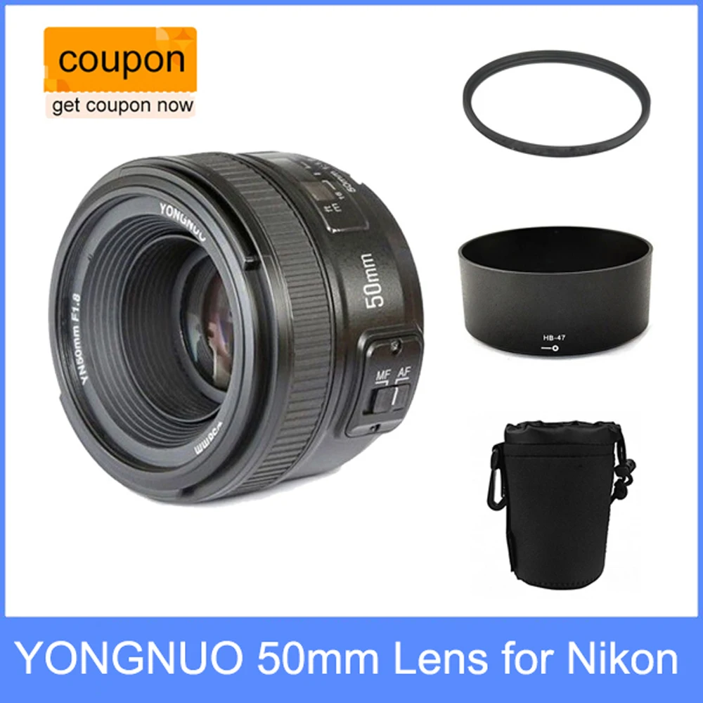 Объектив YONGNUO YN 50 мм yn50 f/1 8 AF + бленда объектива УФ фильтр чехол для набор с