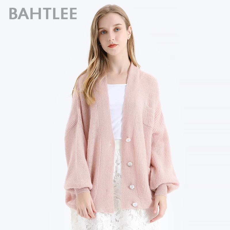 

BAHTLEE Women Mohair Sweater Autumn Winter Gold Lurex Wool Knitted Jumper Cardigan Full Puff Sleeves V-Neck Loose Style Button