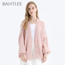 BAHTLEE женский мохеровый свитер осень зима Золотой Люрекс шерстяной вязаный джемпер кардиган Полный пышные рукава v-образным вырезом свободный стиль Кнопка