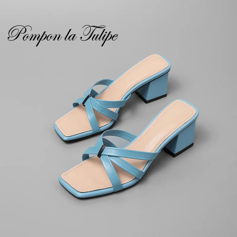 

BHS 901105 square heels mules slipper stylish geniune leather summer shoes slipper SS19 sandals