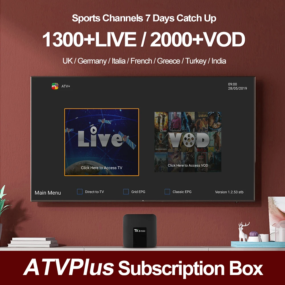 

TVpao ATV Plus IPTV Subsription Weekly Playback Available 2000+VOD with 1000 Live Channel for Set Up Box
