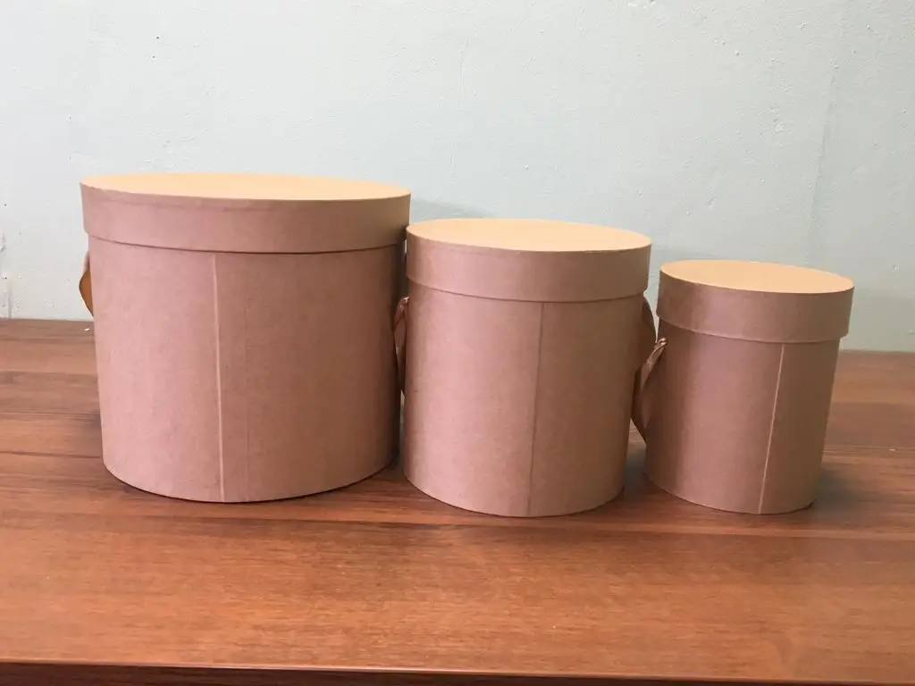 Подарочная коробка. Набор из трёх шляпных коробок с ручками, 3 в 1. Цвет крафт. Коробки для цветов и подарков