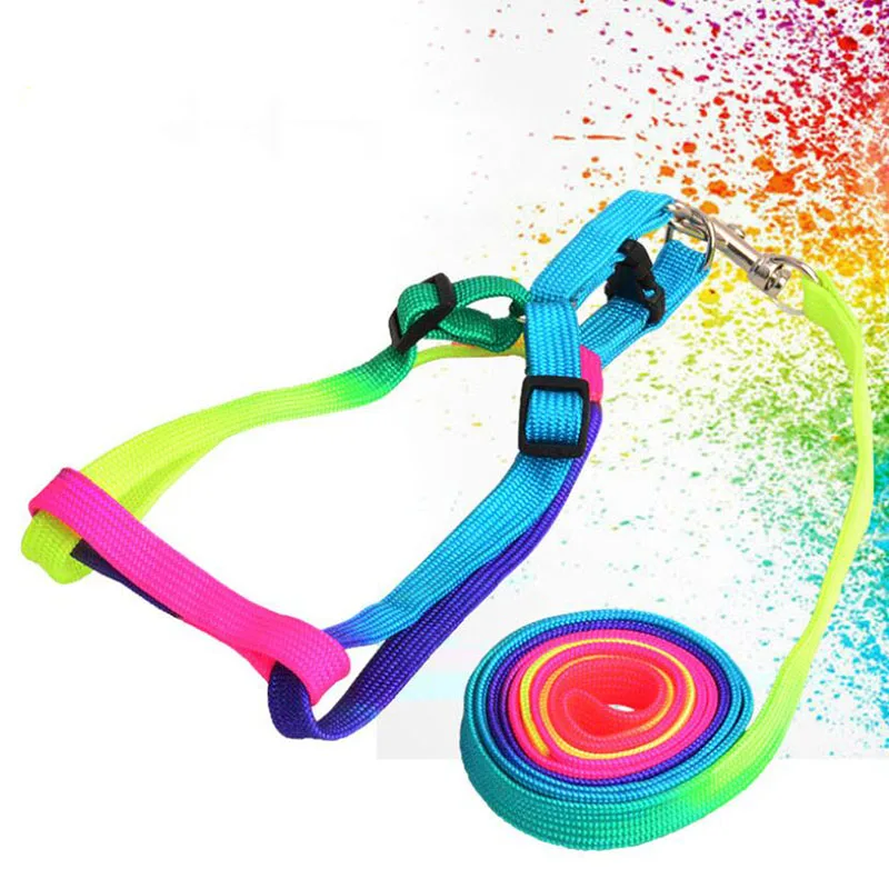 Colorful Rainbow Pet Dog Collar Harness Leash Soft Walking Harness Lead