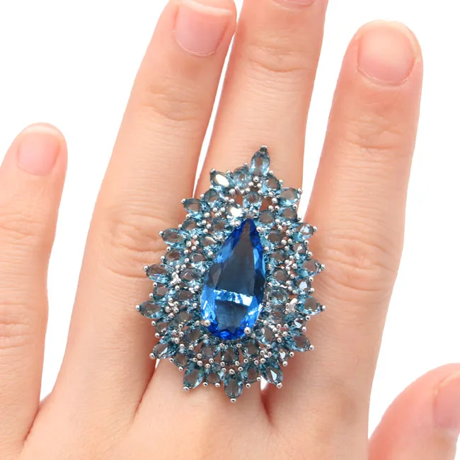 

9# Deluxe Big Size Drop London Blue Topaz Woman's Wedding Silver Ring 45x30mm