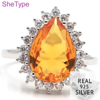 

SheType 4.13g Real 925 Solid Sterling Silver Drop Shape Golden Citrine White CZ Ring 19x16mm