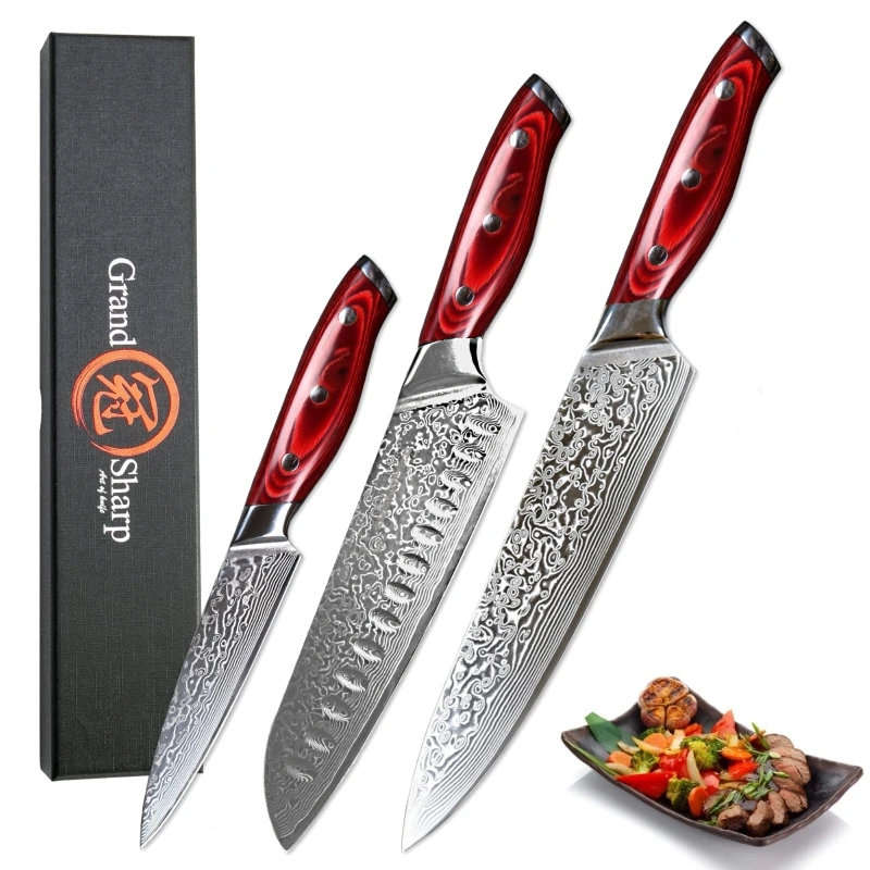 

GRANDSHARP Japanese Damascus Knives Sets 67 Layers vg10 Japanese Damascus Chef Santoku Utility Kitchen Knives Set gift box