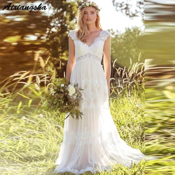 

Romantic V-Neck Long Cap Sleeve Appliqued Bohemian Wedding Dresses Backless Vestido De Noivas Lace Wedding Bridal Gown