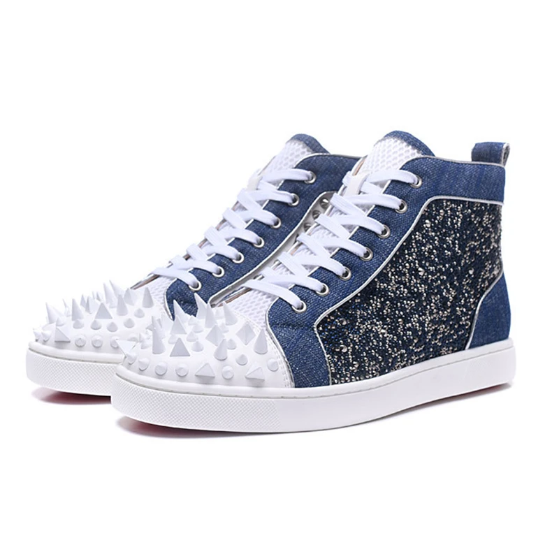 

Air Mesh Mens Rivets Sneakers Fashion Denim Patchwork High Top Mens Casual Shoes Trainers Ultra Boosts Flats Walking Shoes Man