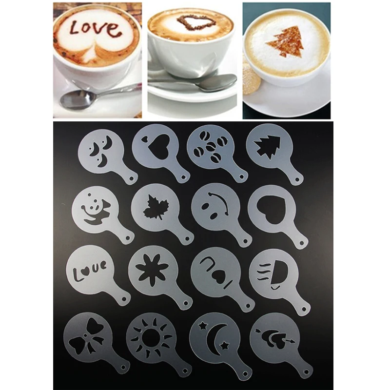 16Pcs Coffee Barista Art Stencils Cake Duster Templates Coffee Tools Accessories