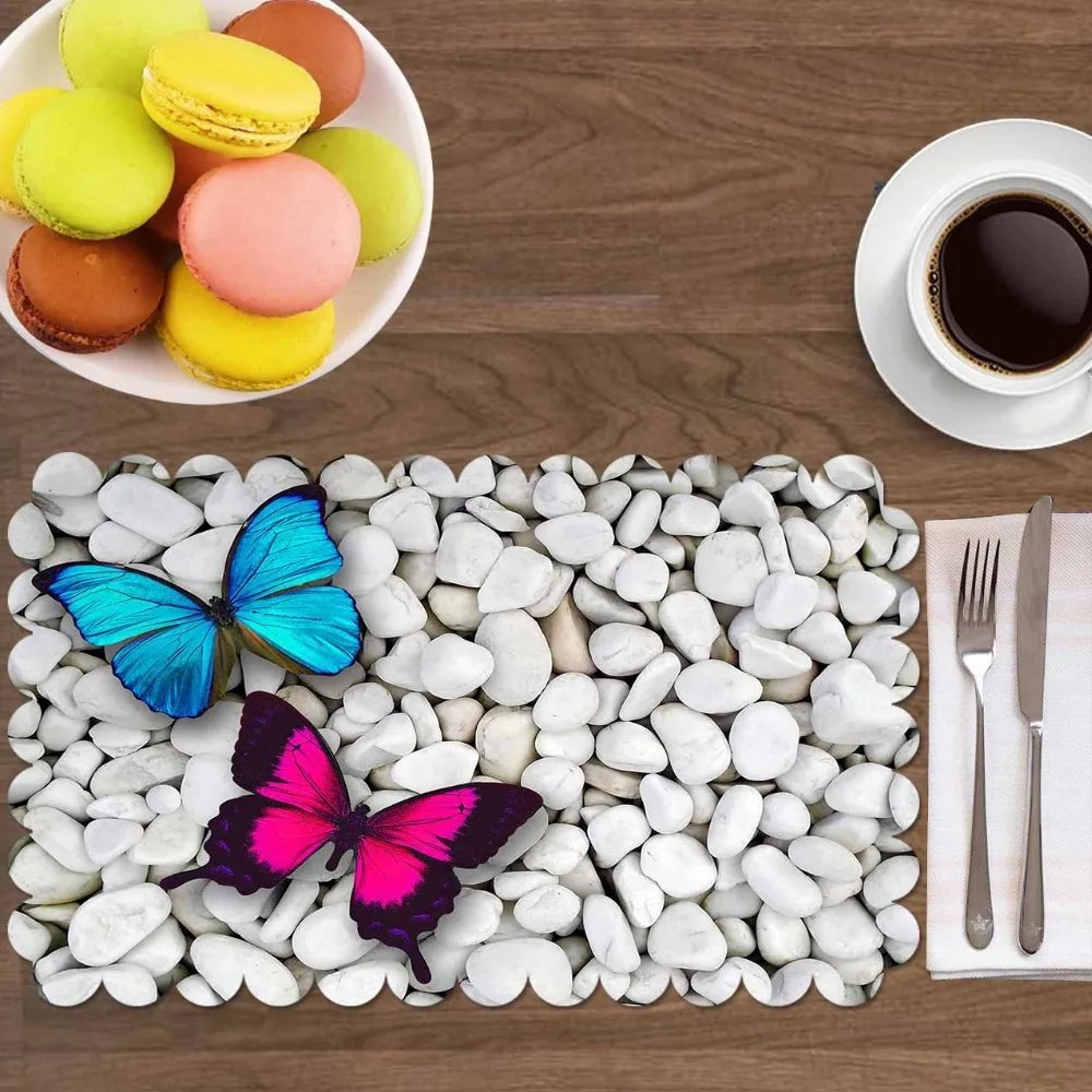 

Else Blue Pink Butterfly on White Stone Pebbles 4 Pcs 3d Print Washable Micro Fabric Table Placemat Pad for Dining Room Kitchen