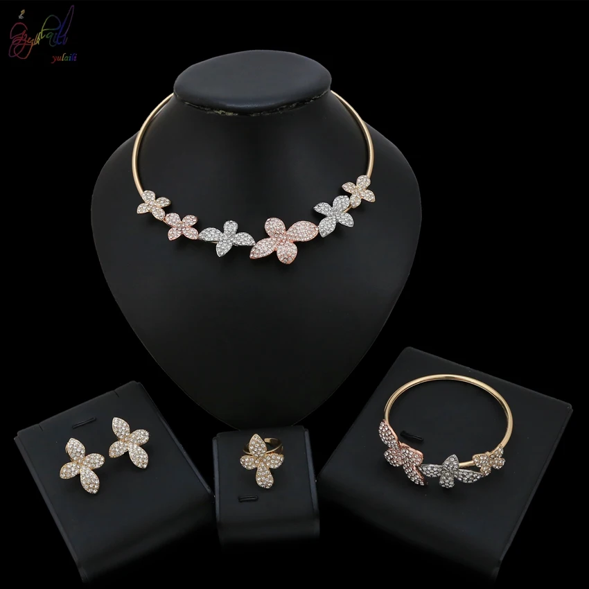 

YULAILI New Arrival Silver Rose Gold Color Copper Alloy Accessories African Nigerian Beads Jewelry Set with Rhinestone