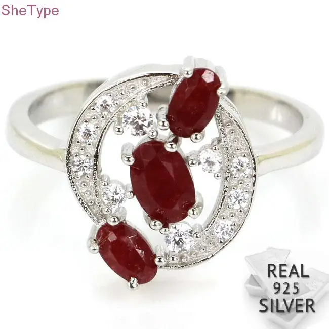 

9.25# SheType 2.8g Real Red Ruby White CZ Real 925 Solid Sterling Silver Rings 14x13mm