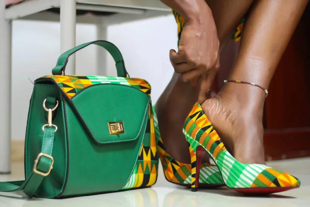 Fashion green and yellow mixed wax shoes and bag matching set fashion shoes and bag for african lady new designs SB8138-1 Fashion green and yellow mixed wax shoes and bag matching set fashion shoes and bag for african lady new designs SB8138-1